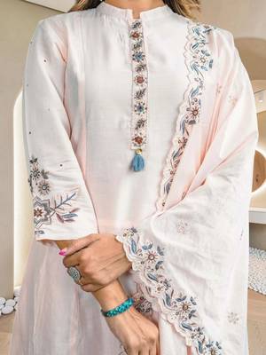Women Ethnic Motifs Embroidered Regular Thread Work Pure Cotton Kurta with Trousers & With Dupatta 4