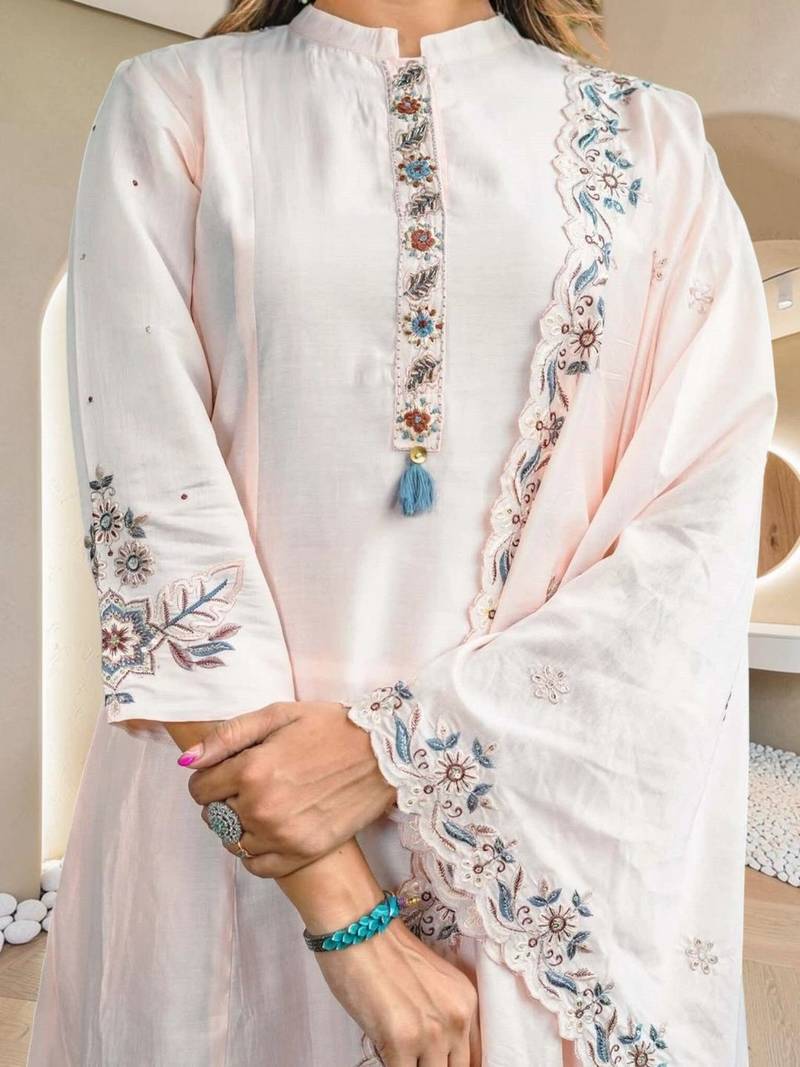 Women Ethnic Motifs Embroidered Regular Thread Work Pure Cotton Kurta with Trousers & With Dupatta