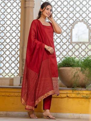 Women Ethnic Motifs Embroidered Regular Kurta with Trousers & With Dupatta 3