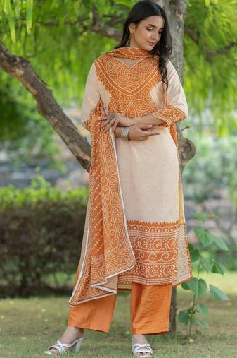 Women Bandhani Printed Regular  Cotton Kurta with Palazzos & With Dupatta