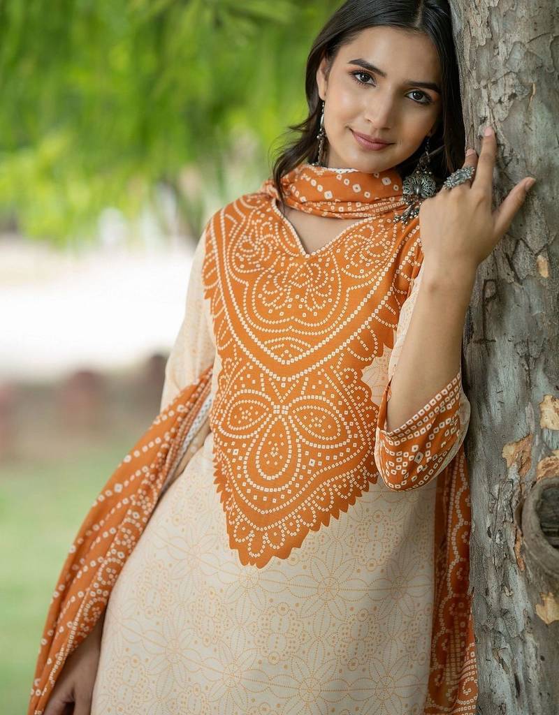 Women Bandhani Printed Regular Pure Cotton Kurta with Palazzos & With Dupatta