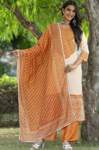 Women Bandhani Printed Regular Pure Cotton Kurta with Palazzos & With Dupatta