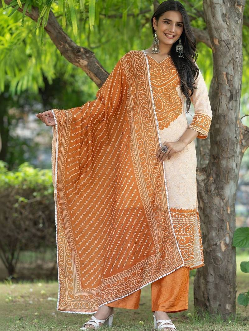 Women Bandhani Printed Regular Pure Cotton Kurta with Palazzos & With Dupatta