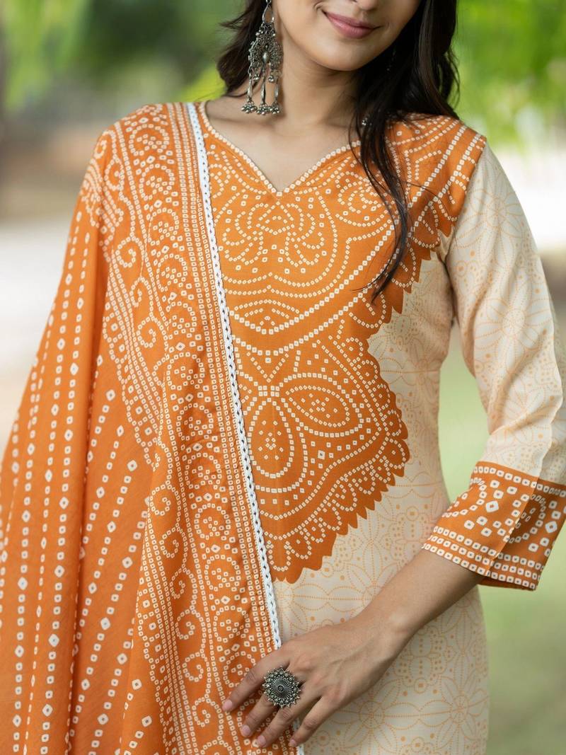 Women Bandhani Printed Regular Pure Cotton Kurta with Palazzos & With Dupatta
