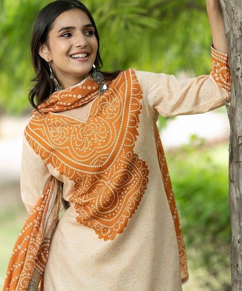 Women Bandhani Printed Regular Pure Cotton Kurta with Palazzos & With Dupatta