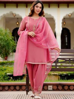 Women Ethnic Motifs Embroidered Regular Thread Work Pure Silk Kurta with Patiala & With Dupatta 1