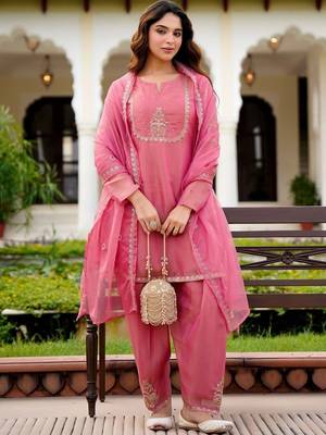 Women Ethnic Motifs Embroidered Regular Thread Work Pure Silk Kurta with Patiala & With Dupatta 5