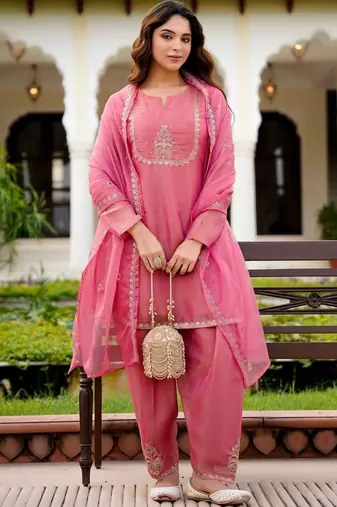 Women Ethnic Motifs Embroidered Regular Thread Work Pure Silk Kurta with Patiala & With Dupatta