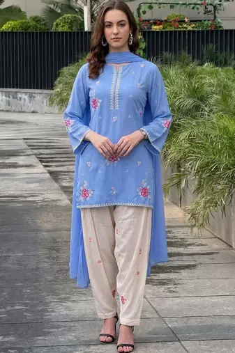 Women Floral Embroidered Regular Thread Work Pure Cotton Kurti with Trousers & With Dupatta