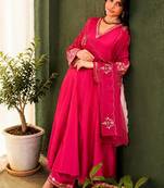Women Ethnic Motifs Embroidered Empire Thread Work Chanderi Silk Kurta with Trousers & With Dupatta