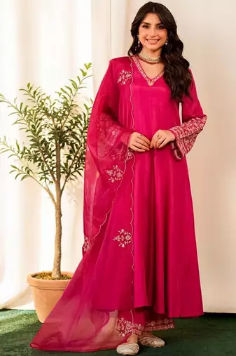 Women Ethnic Motifs Embroidered Empire Thread Work Chanderi Silk Kurta with Trousers & With Dupatta