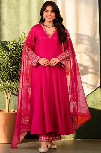 Women Ethnic Motifs Embroidered Empire Thread Work Chanderi Silk Kurta with Trousers & With Dupatta