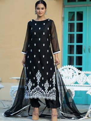 Women Ethnic Motifs Embroidered Regular Chikankari Kurta with Trousers & With Dupatta 1