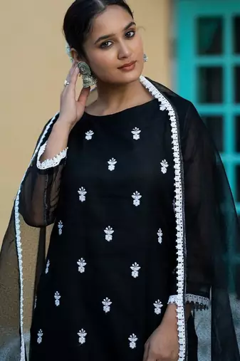 Women Ethnic Motifs Embroidered Regular Chikankari Kurta with Trousers & With Dupatta