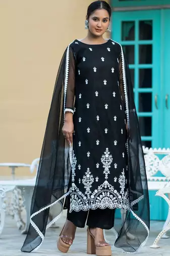 Women Ethnic Motifs Embroidered Regular Chikankari Kurta with Trousers & With Dupatta
