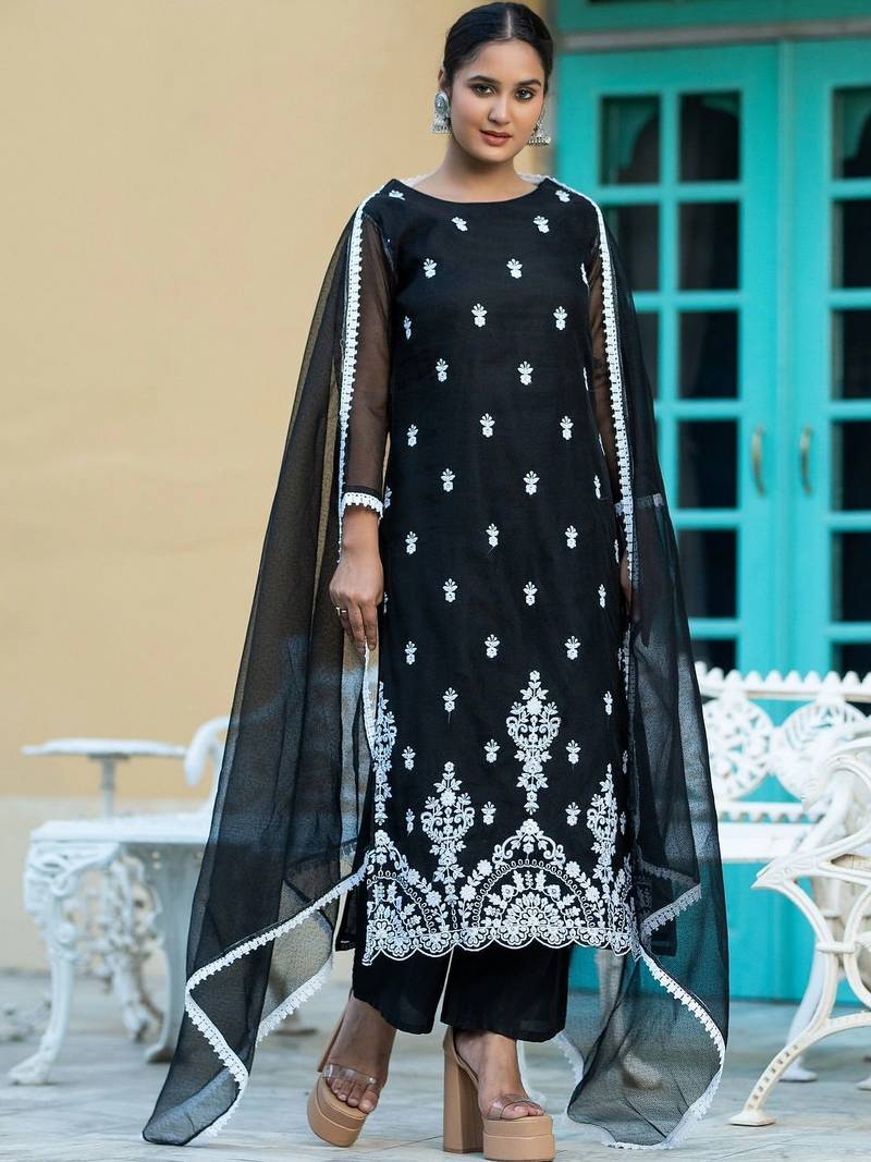 Women Ethnic Motifs Embroidered Regular Chikankari Kurta with Trousers & With Dupatta