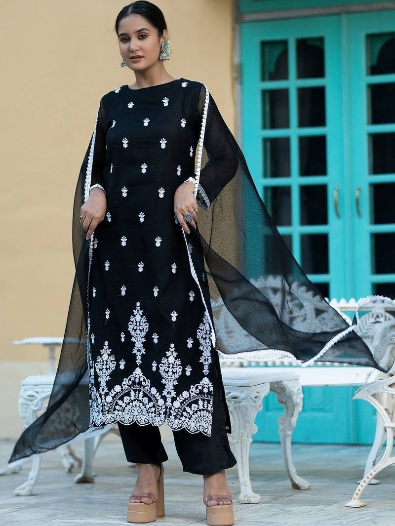 Women Ethnic Motifs Embroidered Regular Chikankari Kurta with Trousers & With Dupatta