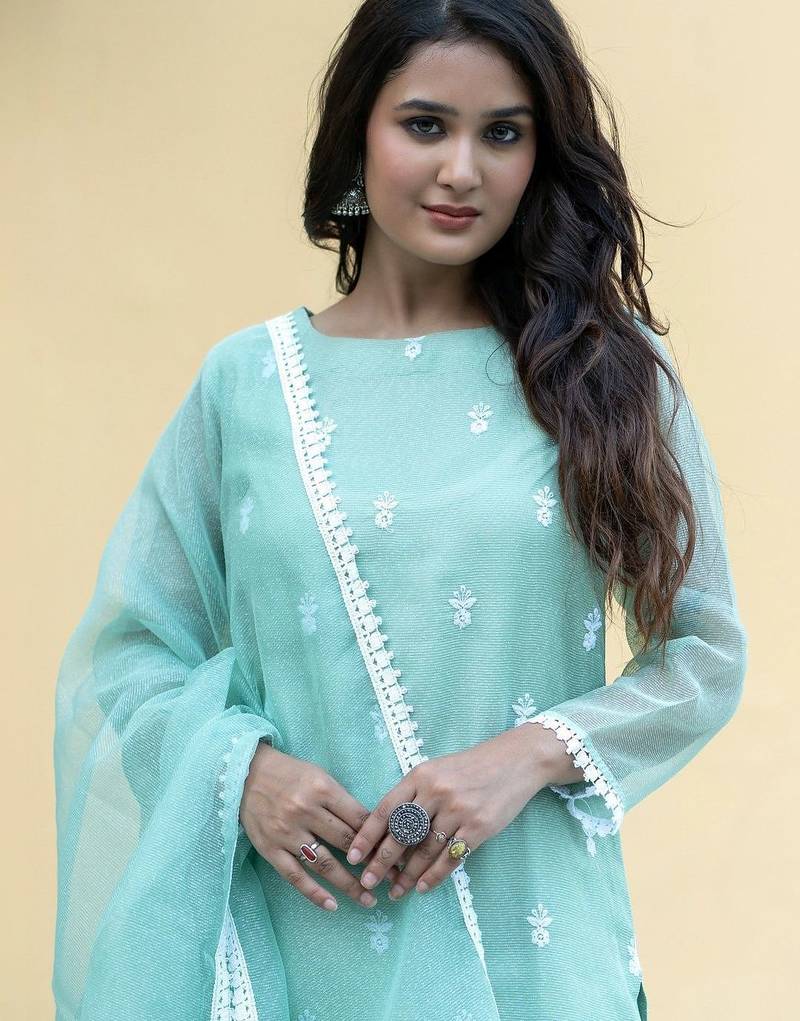 Women Ethnic Motifs Embroidered Regular Thread Work Kurta with Trousers & With Dupatta