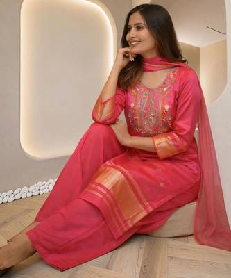 Women Ethnic Motifs Embroidered Regular Thread Work Kurta with Palazzos & With Dupatta 1