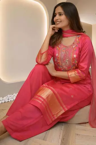 Women Ethnic Motifs Embroidered Regular Thread Work Kurta with Palazzos & With Dupatta