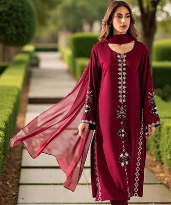 Women Ethnic Motifs Embroidered Regular Thread Work Chanderi Silk Kurta with Trousers & With Dupatta 1