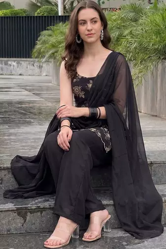 Women Ethnic Motifs Embroidered Regular Thread Work Kurta with Palazzos & With Dupatta