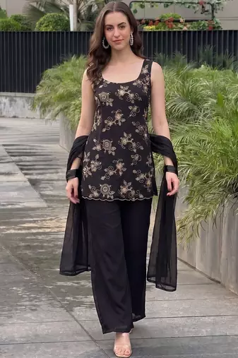 Women Ethnic Motifs Embroidered Regular Thread Work Kurta with Palazzos & With Dupatta
