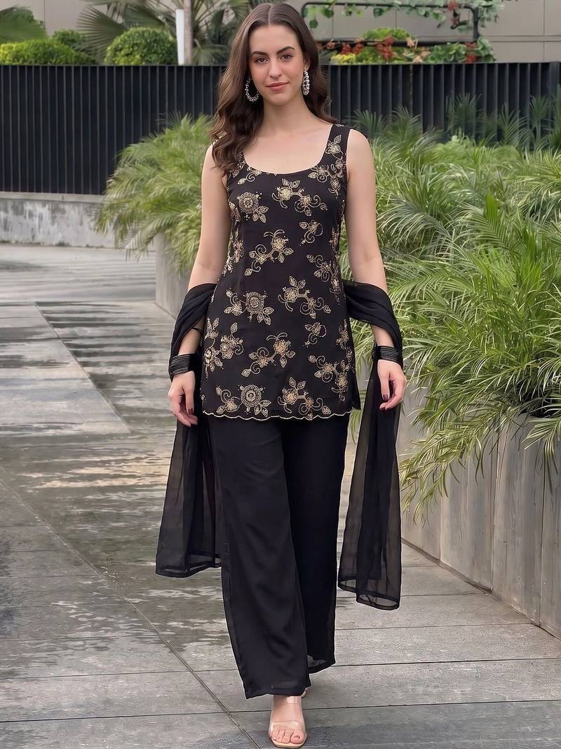 Women Ethnic Motifs Embroidered Regular Thread Work Kurta with Palazzos & With Dupatta