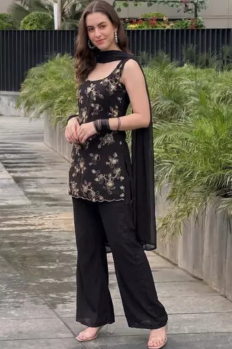 Women Ethnic Motifs Embroidered Regular Thread Work Kurta with Palazzos & With Dupatta