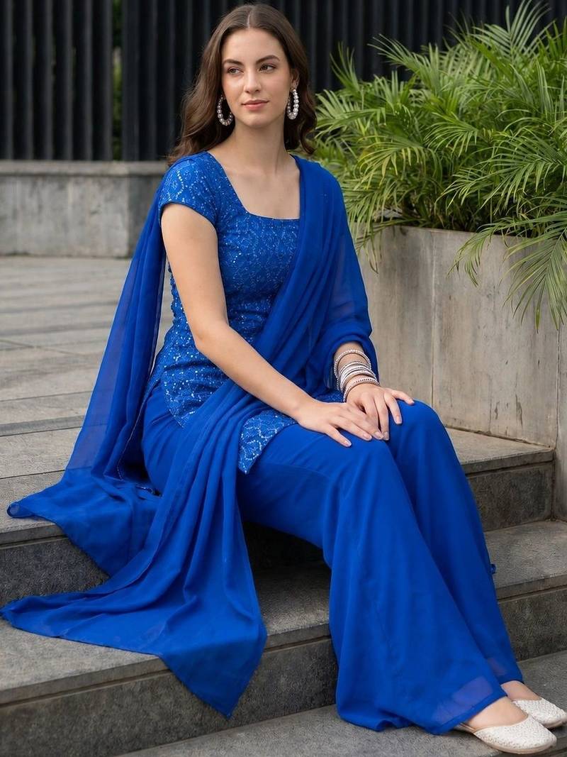 Women Ethnic Motifs Embroidered Regular Sequinned Kurta with Palazzos & With Dupatta