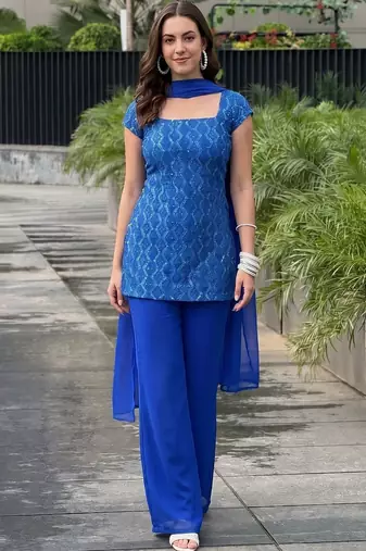 Women Ethnic Motifs Embroidered Regular Sequinned Kurta with Palazzos & With Dupatta