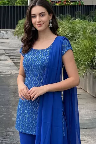 Women Ethnic Motifs Embroidered Regular Sequinned Kurta with Palazzos & With Dupatta