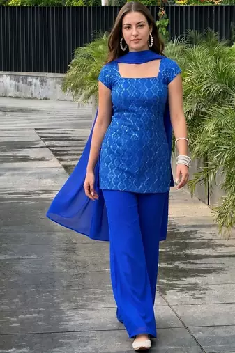 Women Ethnic Motifs Embroidered Regular Sequinned Kurta with Palazzos & With Dupatta