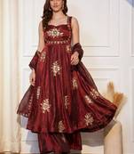 Women Floral Embroidered Empire Thread Work Kurta with Palazzos & With Dupatta