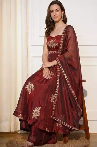 Women Floral Embroidered Empire Thread Work Kurta with Palazzos & With Dupatta