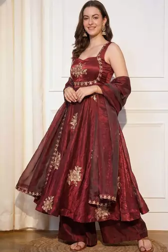 Women Floral Embroidered Empire Thread Work Kurta with Palazzos & With Dupatta