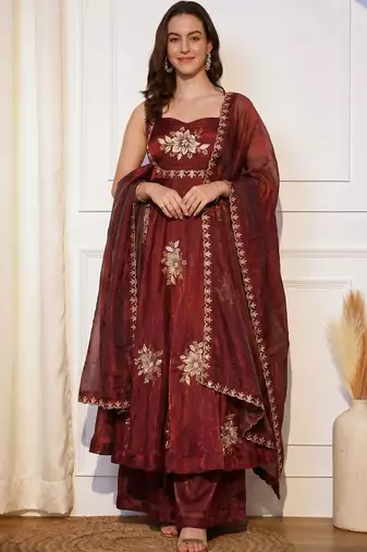 Women Floral Embroidered Empire Thread Work Kurta with Palazzos & With Dupatta