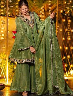 Women Tiered Mirror Work Kurta with Sharara & With Dupatta 1