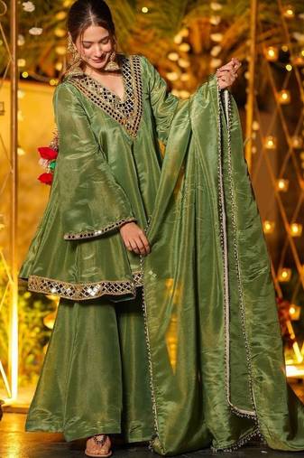 Women Tiered Mirror Work Kurta with Sharara & With Dupatta