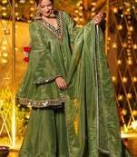 Women Tiered Mirror Work Kurta with Sharara & With Dupatta