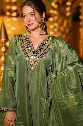Women Tiered Mirror Work Kurta with Sharara & With Dupatta