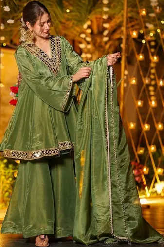 Women Tiered Mirror Work Kurta with Sharara & With Dupatta