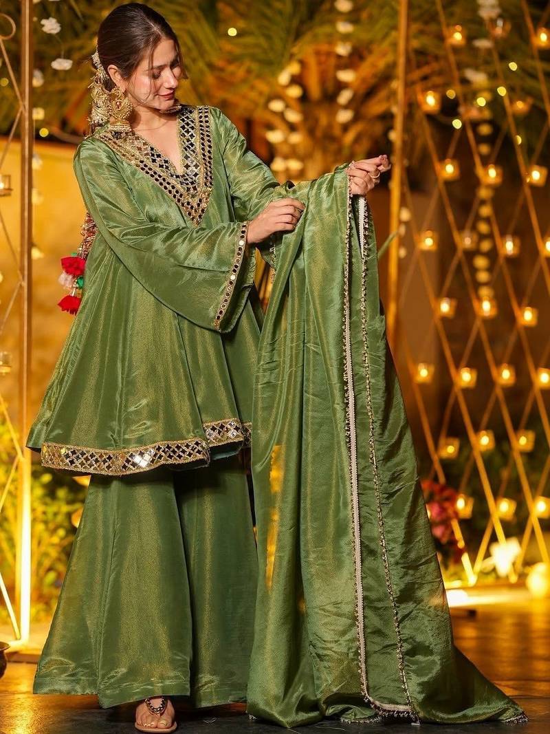 Women Tiered Mirror Work Kurta with Sharara & With Dupatta