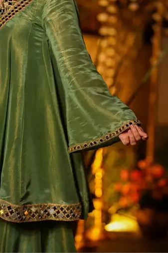Women Tiered Mirror Work Kurta with Sharara & With Dupatta