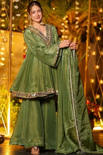 Women Tiered Mirror Work Kurta with Sharara & With Dupatta