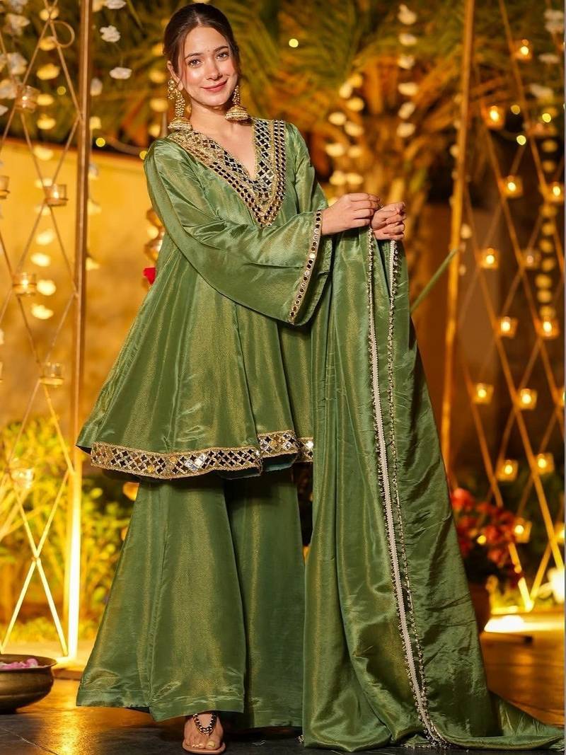Women Tiered Mirror Work Kurta with Sharara & With Dupatta