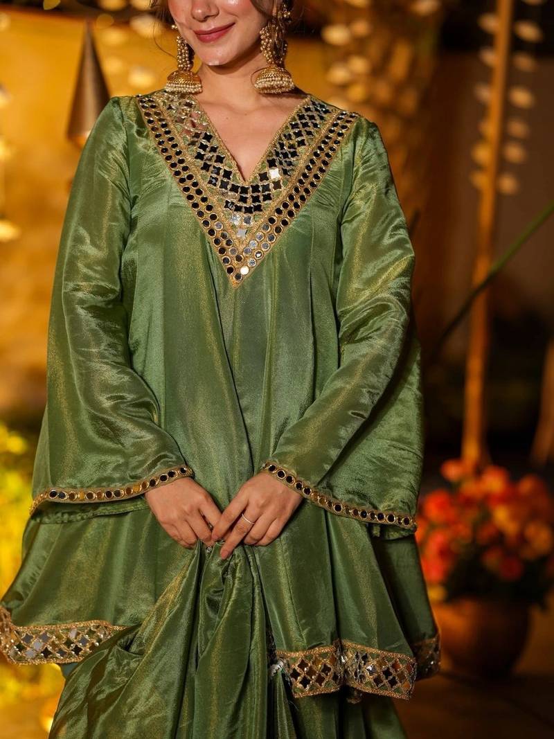 Women Tiered Mirror Work Kurta with Sharara & With Dupatta