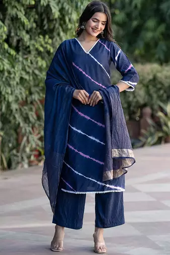 Leheriya Dyed V-Neck Pure Silk Straight Kurta With Trousers & Dupatta