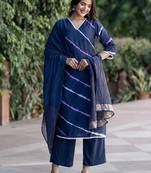 Leheriya Dyed V-Neck Pure Silk Straight Kurta With Trousers & Dupatta