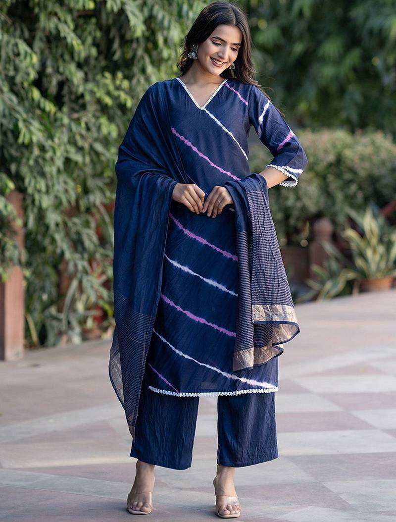 Leheriya Dyed V-Neck Pure Silk Straight Kurta With Trousers & Dupatta